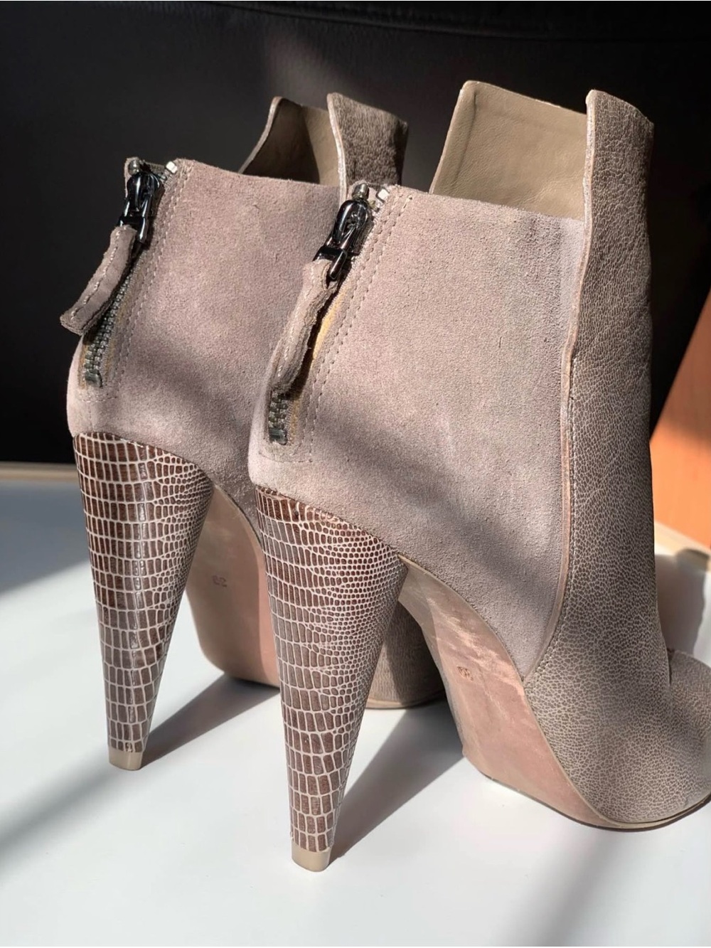 Max Azria Runway Suede Taupe Women's High Heel Ankle Booties